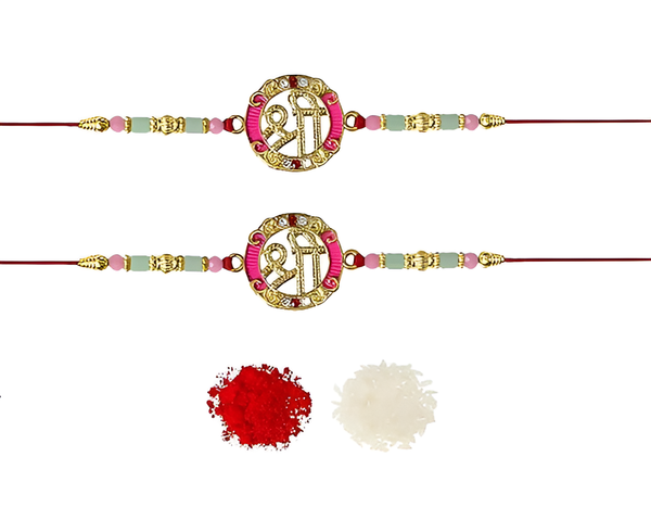 Shree Name Round Designer Rakhi with Pink Threadwork & Colorful Beads